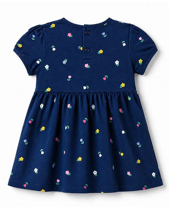 Babyhug Single Jersey Knit Half Sleeves Floral Printed Frock With Bloomer - Navy Blue