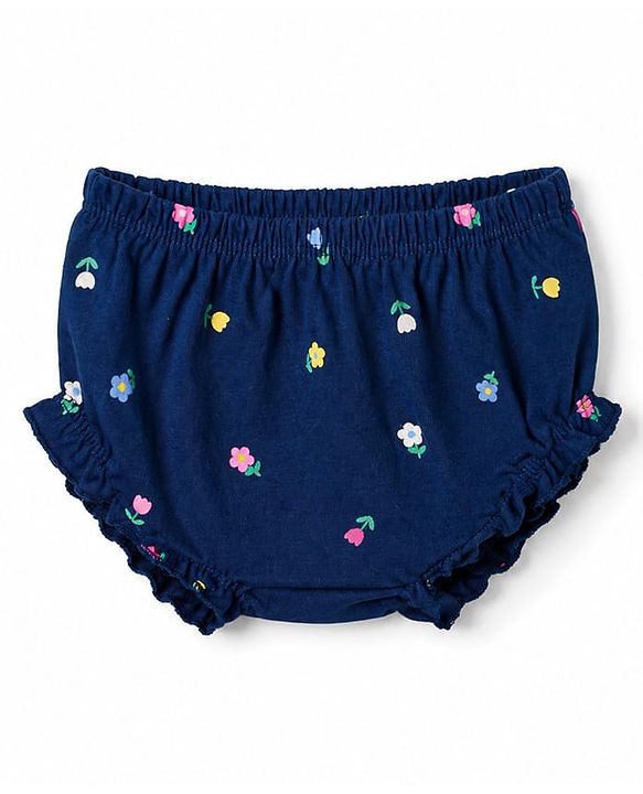 Babyhug Single Jersey Knit Half Sleeves Floral Printed Frock With Bloomer - Navy Blue