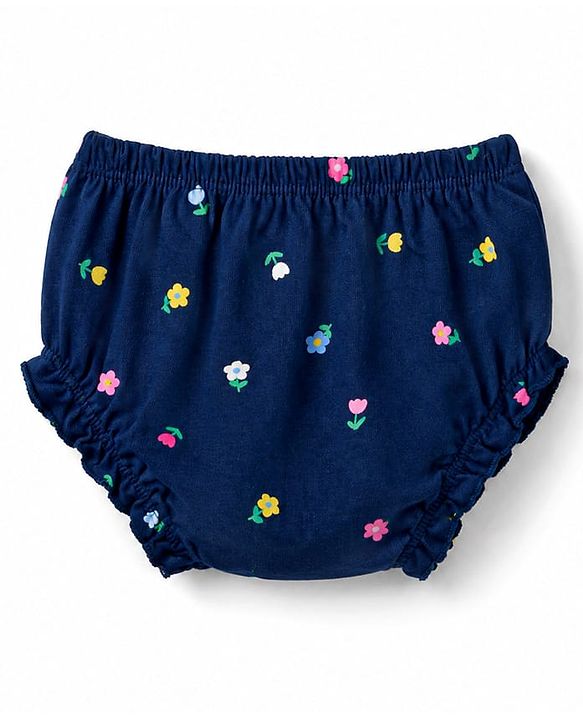 Babyhug Single Jersey Knit Half Sleeves Floral Printed Frock With Bloomer - Navy Blue