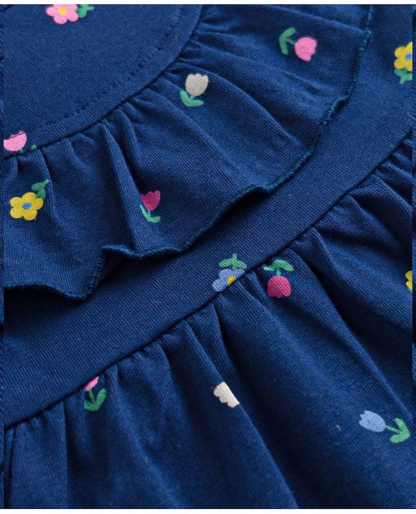 Babyhug Single Jersey Knit Half Sleeves Floral Printed Frock With Bloomer - Navy Blue