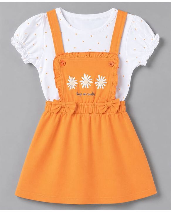 Babyhug Cotton Knit Frocks With Inner Tee with Short Sleeves and Floral Print in Peach for 3-6 Months