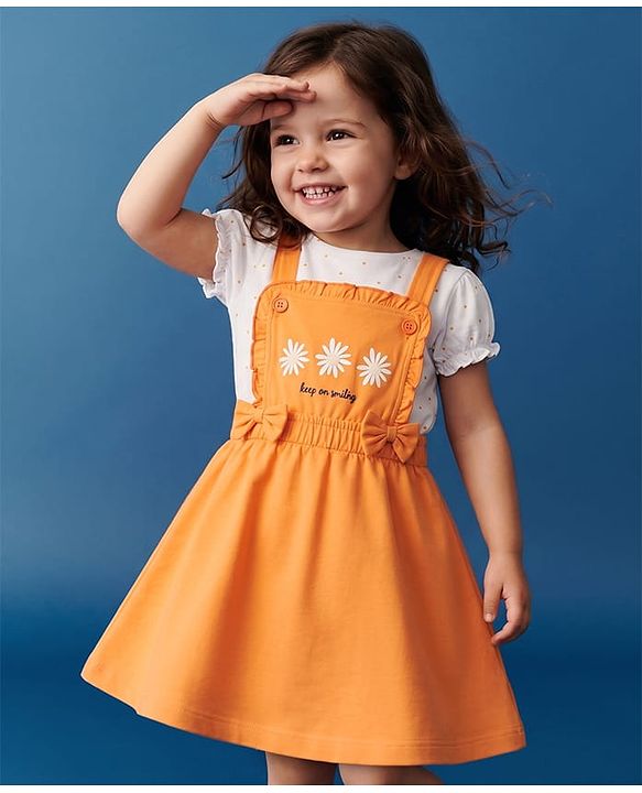 Babyhug Cotton Knit Frocks With Inner Tee with Short Sleeves and Floral Print in Peach for 3-6 Months