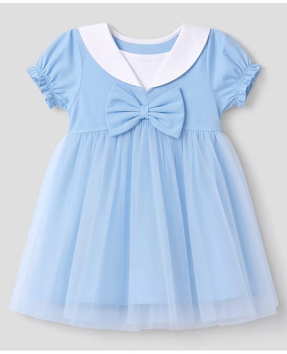 Babyhug Single Jersey Knit Half Sleeves One Piece Dress with Bow Applique - Blue