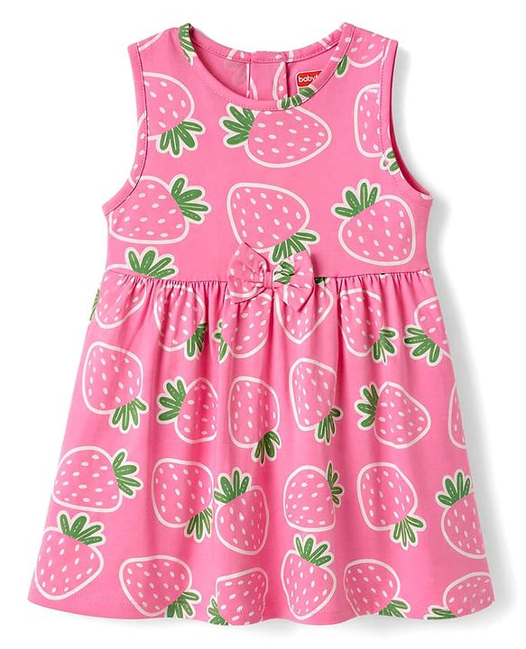 Babyhug Single Jersey Sleeveless Frock With Strawberry Print - Pink