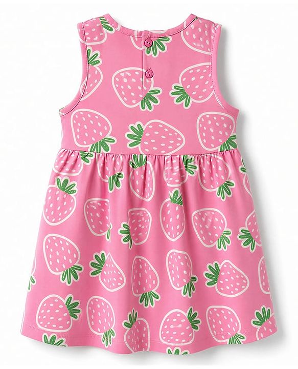 Babyhug Single Jersey Sleeveless Frock With Strawberry Print - Pink