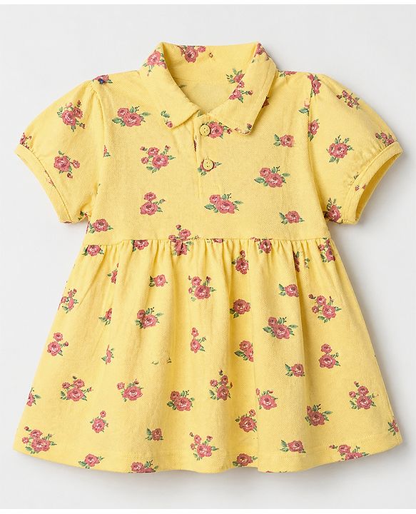 Babyhug Cotton Knit One Piece Dress with Half Sleeves and Floral Print in Yellow for 6-9 Months