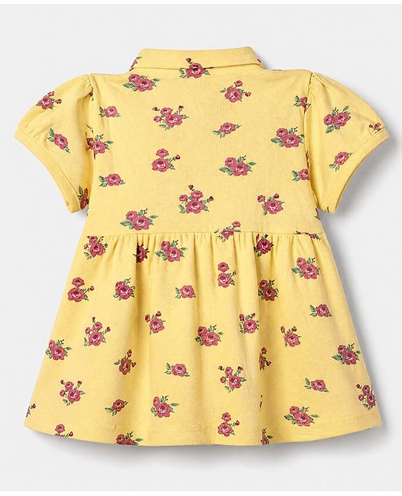 Babyhug Cotton Knit One Piece Dress with Half Sleeves and Floral Print in Yellow for 6-9 Months