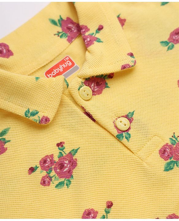 Babyhug Cotton Knit One Piece Dress with Half Sleeves and Floral Print in Yellow for 6-9 Months
