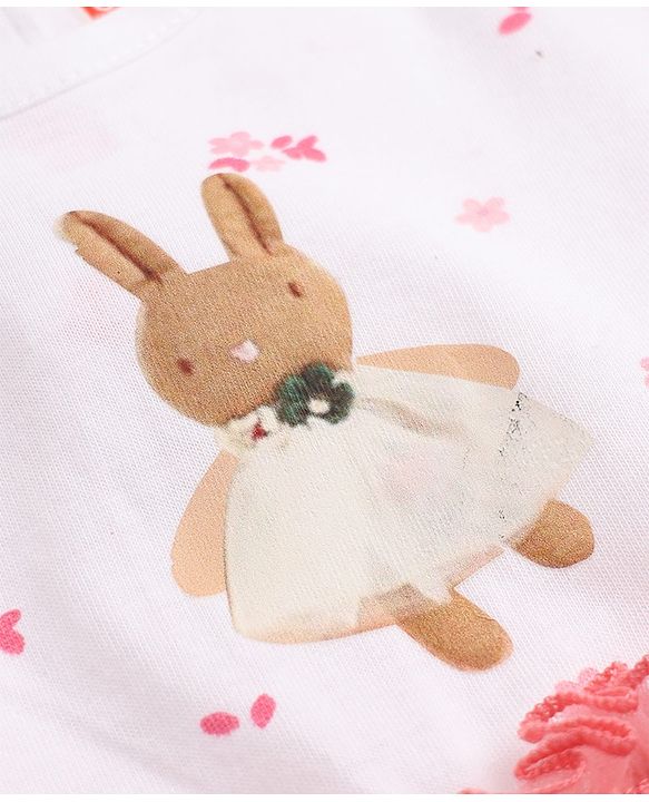 Babyhug Cotton Knit Half Sleeves Frock With Rabbit Applique in Pink
