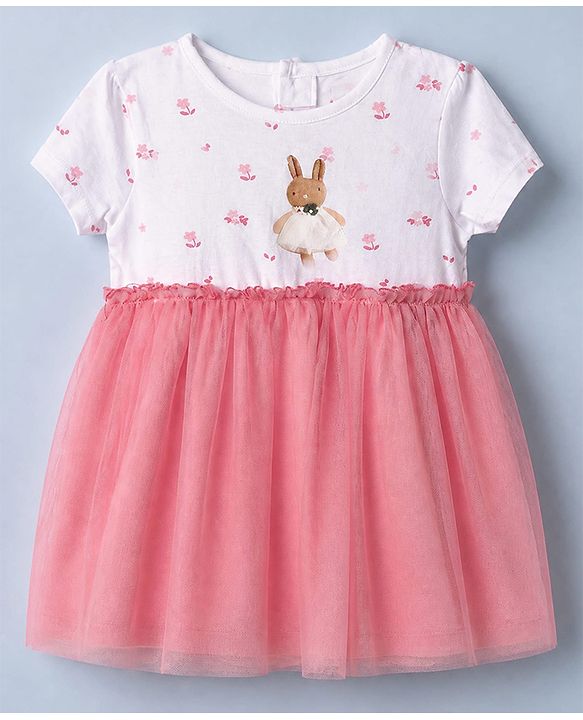 Babyhug Cotton Knit Half Sleeves Frock With Rabbit Applique in Pink