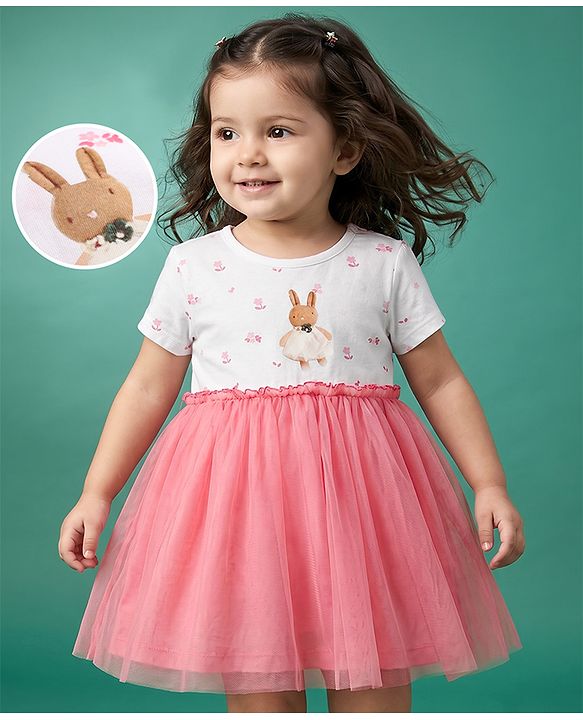 Babyhug Cotton Knit Half Sleeves Frock With Rabbit Applique in Pink