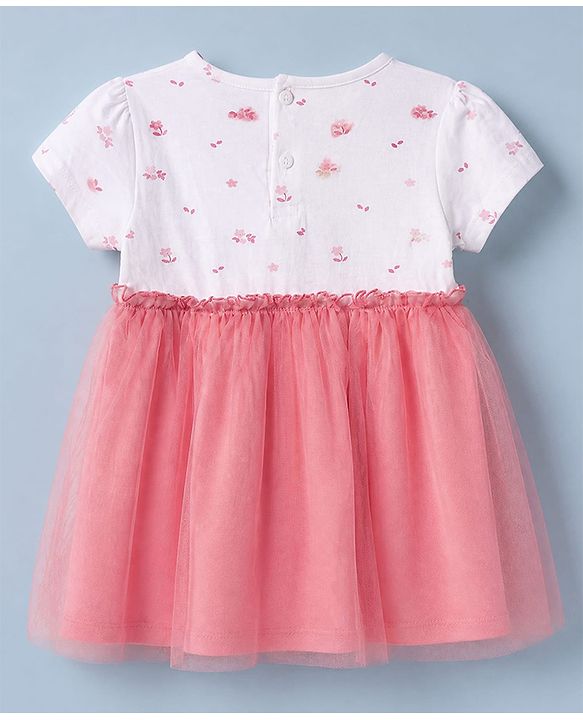 Babyhug Cotton Knit Half Sleeves Frock With Rabbit Applique in Pink