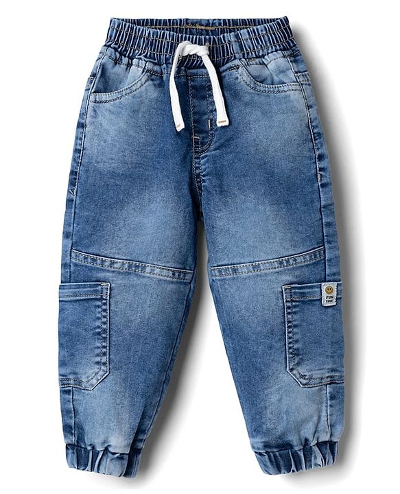 Babyhug Denim Full Length Washed Jeans With Stretch - Light Blue