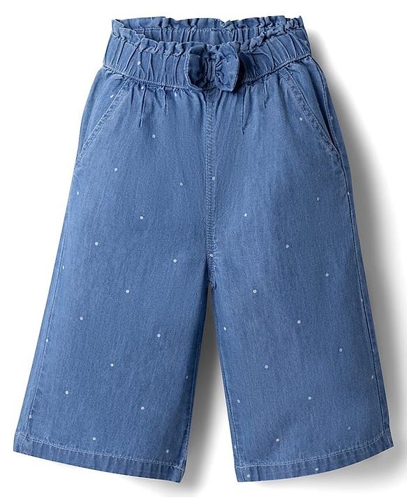 Babyhug 100% Cotton Denim Culottes Style Capris with Bow & Polka Dots Print - Blue