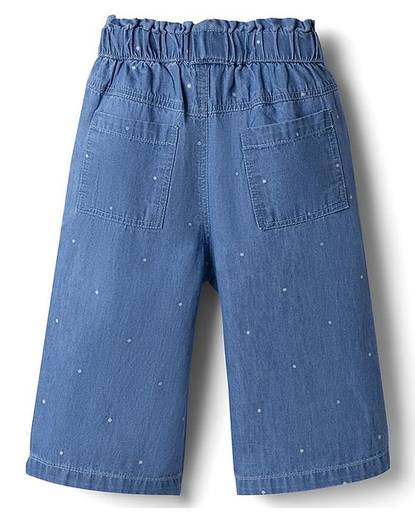Babyhug 100% Cotton Denim Culottes Style Capris with Bow & Polka Dots Print - Blue