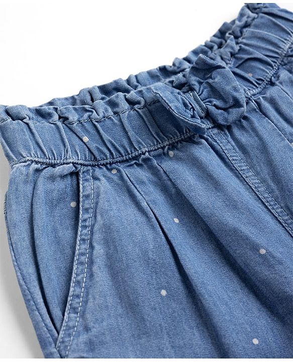 Babyhug 100% Cotton Denim Culottes Style Capris with Bow & Polka Dots Print - Blue