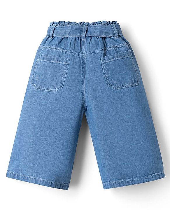 Babyhug 100% Cotton Denim Ankle Length Capris With Floral Embroidery - Blue