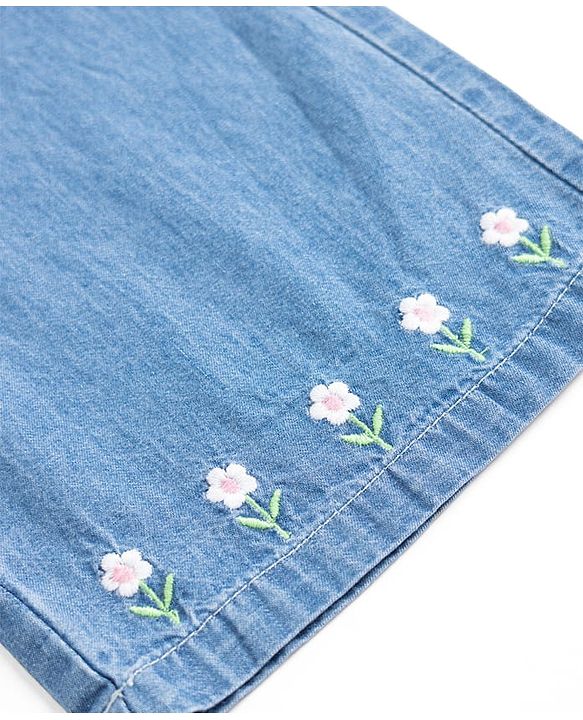 Babyhug 100% Cotton Denim Ankle Length Capris With Floral Embroidery - Blue
