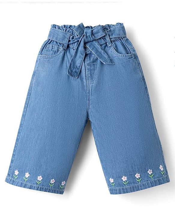 Babyhug 100% Cotton Denim Ankle Length Capris With Floral Embroidery - Blue
