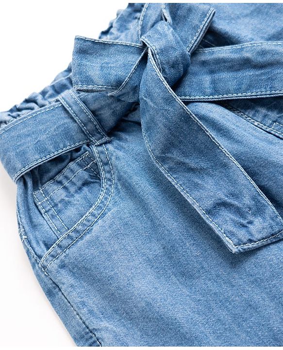 Babyhug 100% Cotton Denim Ankle Length Capris With Floral Embroidery - Blue