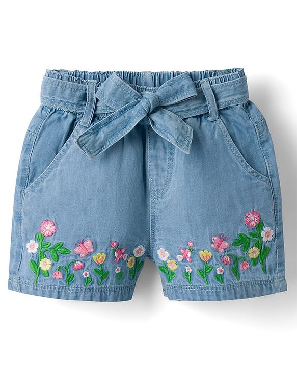 Babyhug Mid Thigh 100% Cotton Denim Shorts With Flower Embroidery - Blue
