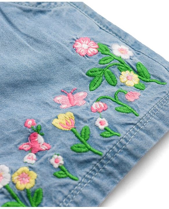Babyhug Mid Thigh 100% Cotton Denim Shorts With Flower Embroidery - Blue
