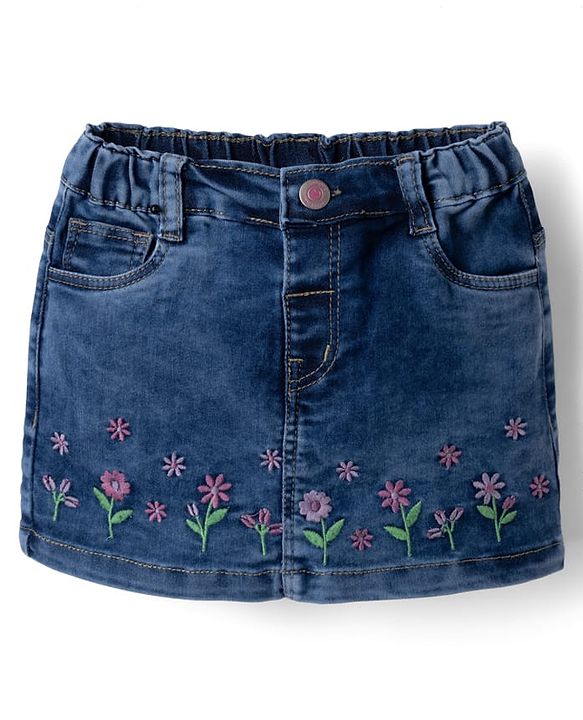 Babyhug Denim Mid Thigh Skirts with Floral Embroidery - Blue
