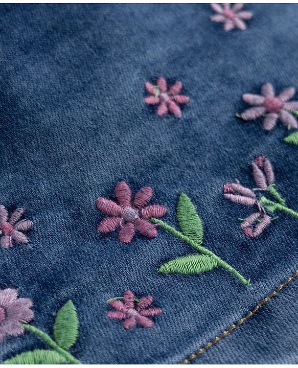 Babyhug Denim Mid Thigh Skirts with Floral Embroidery - Blue