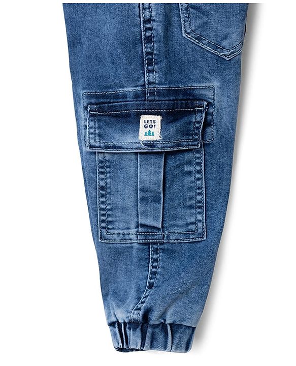Babyhug Denim Full Length Washed Jeans With Stretch & Cargo Pockets - Blue