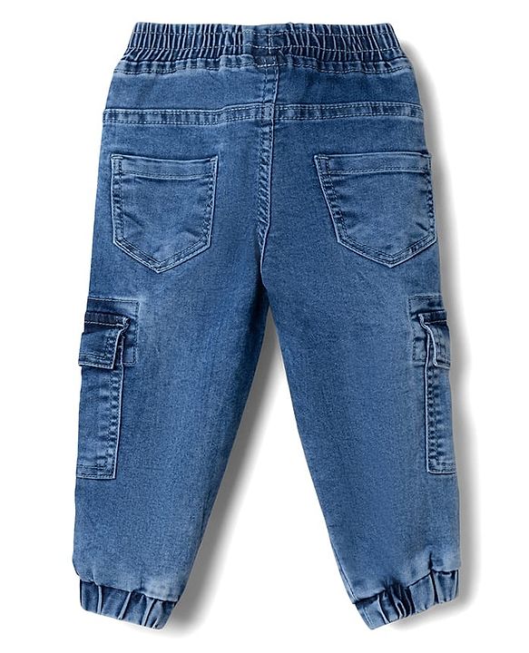 Babyhug Denim Full Length Washed Jeans With Stretch & Cargo Pockets - Blue