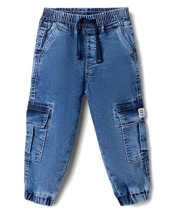 Babyhug Denim Full Length Washed Jeans With Stretch & Cargo Pockets - Blue