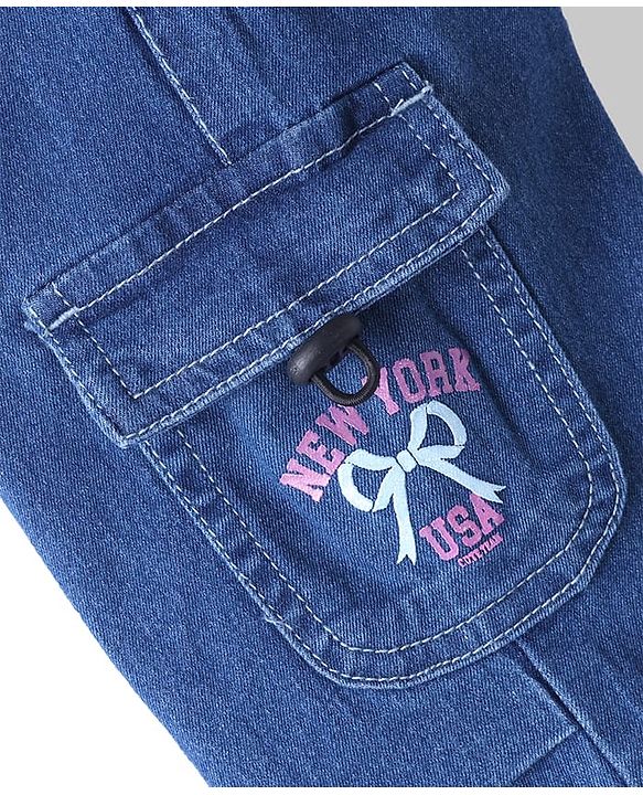 Babyhug Cotton Mixes Denim Jeans with Stretch and New York Bow Print and Cargo Pockets in Blue