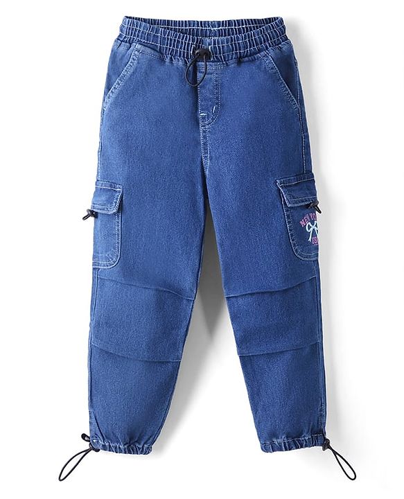 Babyhug Cotton Mixes Denim Jeans with Stretch and New York Bow Print and Cargo Pockets in Blue