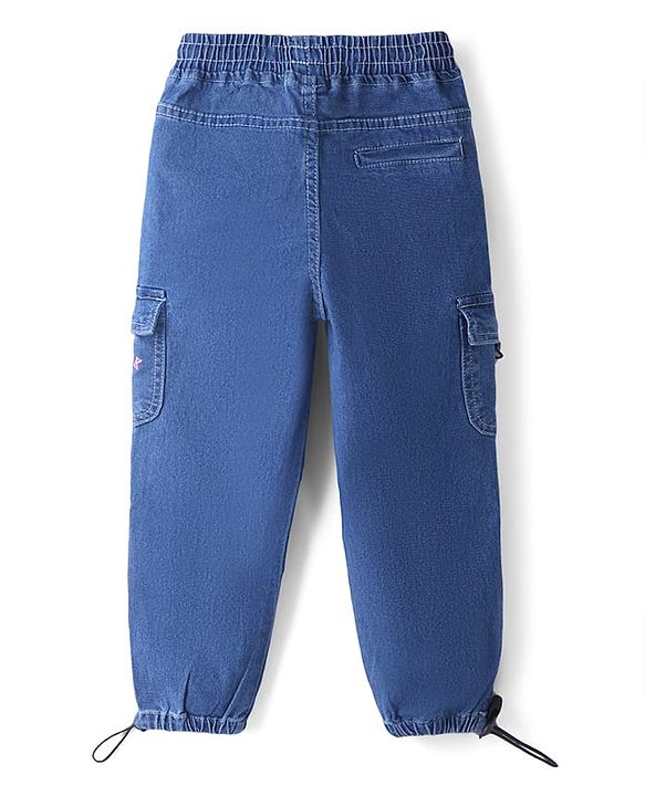 Babyhug Cotton Mixes Denim Jeans with Stretch and New York Bow Print and Cargo Pockets in Blue