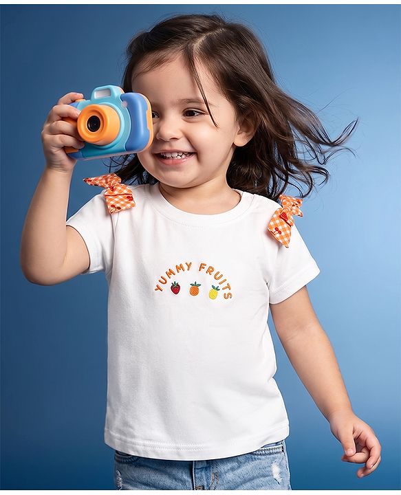 Babyhug 100% Cotton Knit Half Sleeves Tropical Theme Embroidered T-Shirt With Bow Applique - White