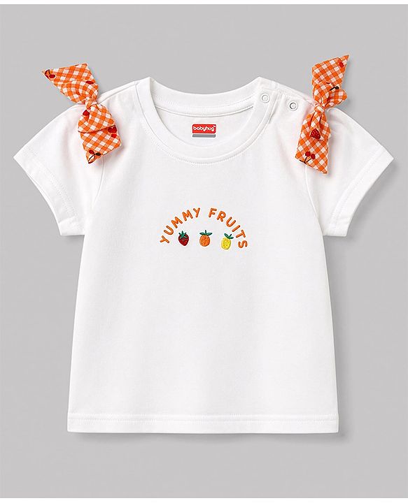 Babyhug 100% Cotton Knit Half Sleeves Tropical Theme Embroidered T-Shirt With Bow Applique - White