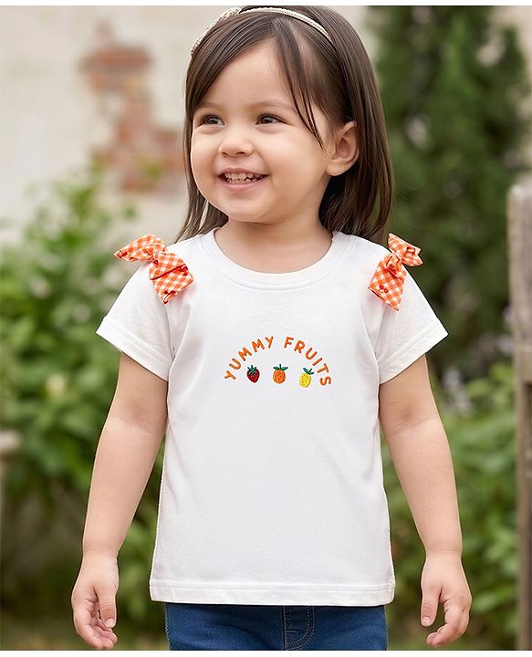 Babyhug 100% Cotton Knit Half Sleeves Tropical Theme Embroidered T-Shirt With Bow Applique - White