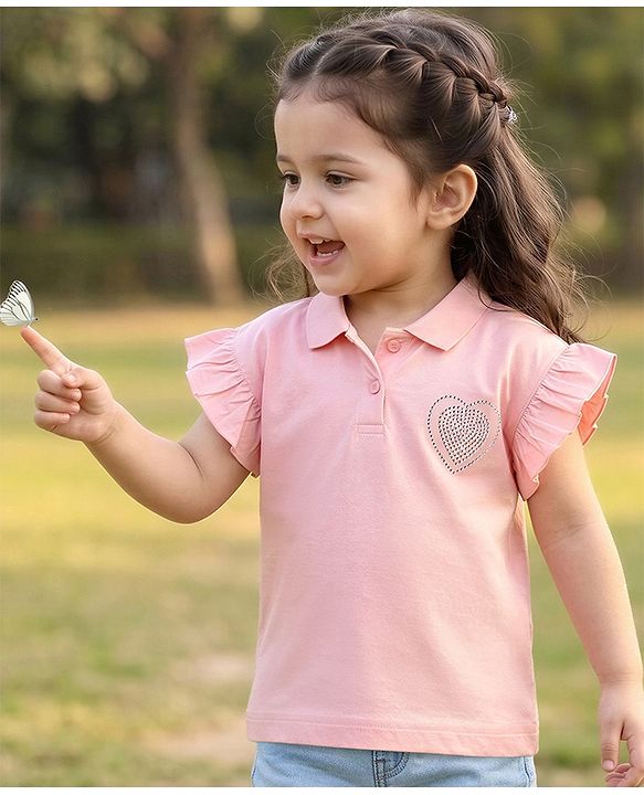 Babyhug 100% Cotton Knit Flutter Sleeves Polo T-Shirt With Hearts Stone Detailing - Pink