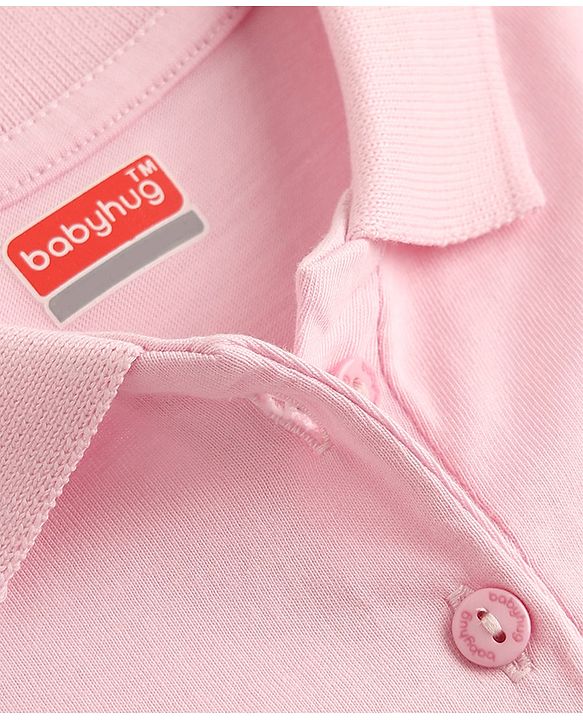 Babyhug 100% Cotton Knit Flutter Sleeves Polo T-Shirt With Hearts Stone Detailing - Pink
