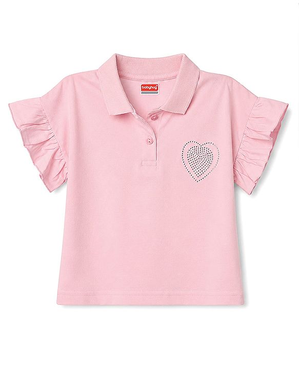 Babyhug 100% Cotton Knit Flutter Sleeves Polo T-Shirt With Hearts Stone Detailing - Pink