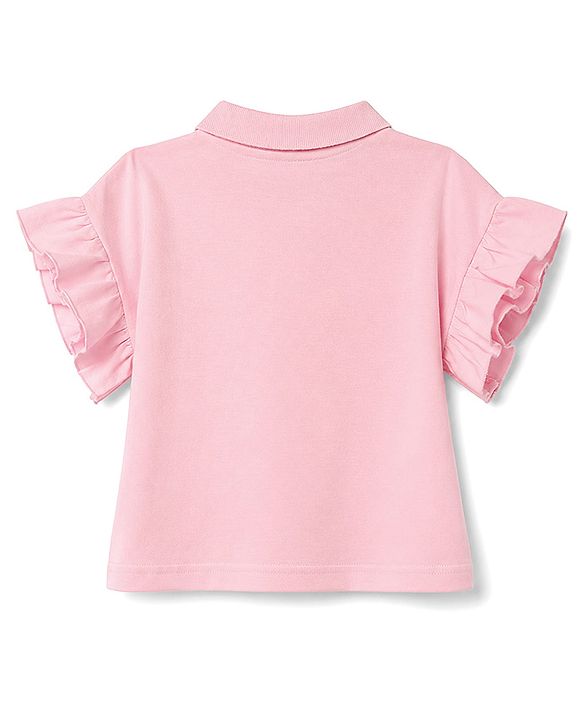 Babyhug 100% Cotton Knit Flutter Sleeves Polo T-Shirt With Hearts Stone Detailing - Pink