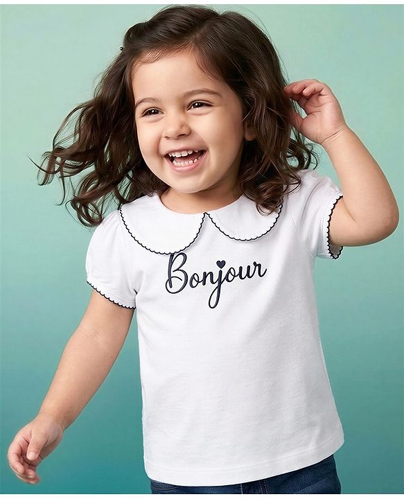 Babyhug 100% Cotton Knit Short Sleeves T-Shirt with Bonjour Print - White