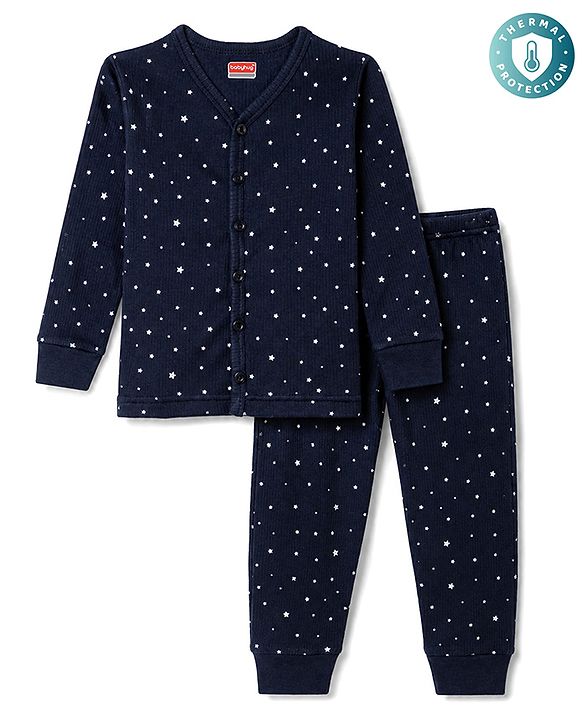 Babyhug Knit Full Sleeves Star Printed Thermal Inner Wear Set- Navy