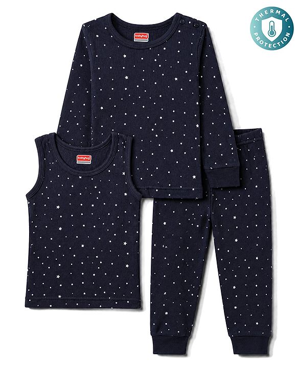 Babyhug Knit Full Sleeves Pullover Star Printed Thermal Inner Wear Set with Vest - Navy