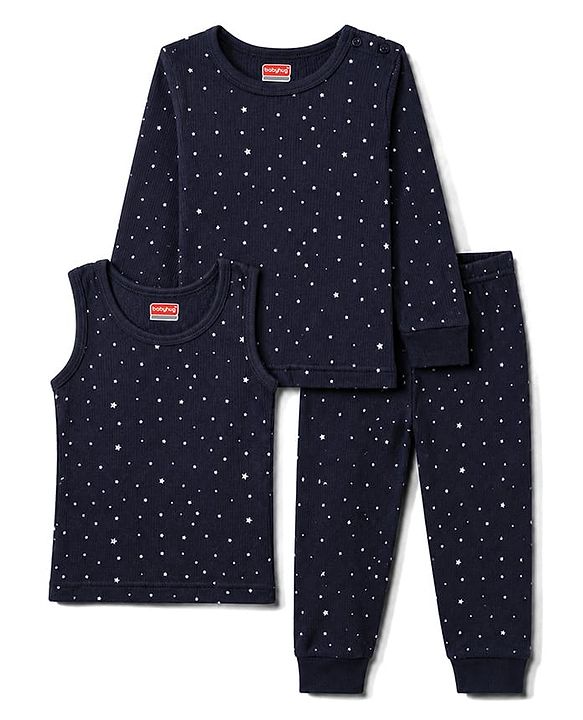 Babyhug Knit Full Sleeves Pullover Star Printed Thermal Inner Wear Set with Vest - Navy