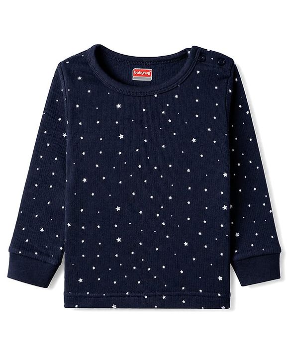 Babyhug Knit Full Sleeves Pullover Star Printed Thermal Inner Wear Set with Vest - Navy