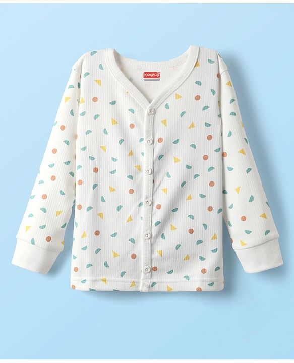 Babyhug Knit Full Sleeves Front Open Printed Thermal Inner Wear Set - Off White