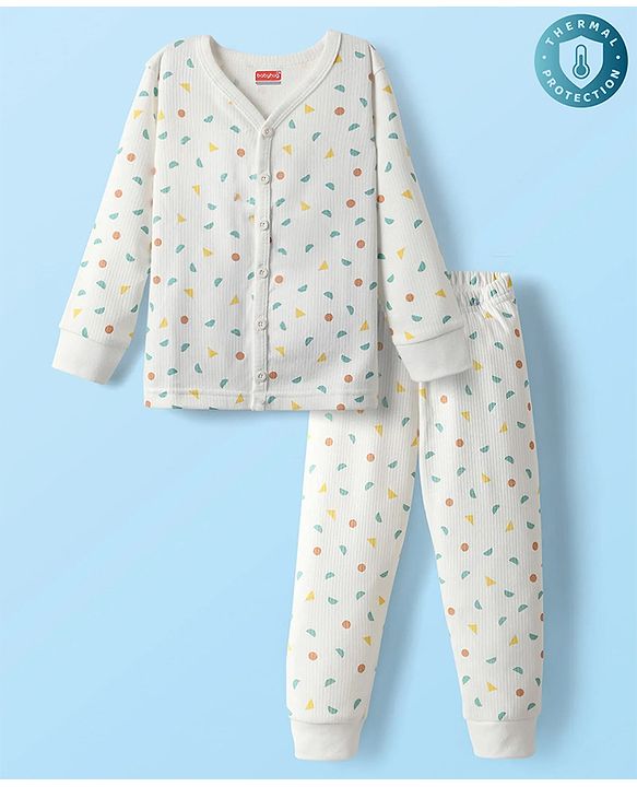 Babyhug Knit Full Sleeves Front Open Printed Thermal Inner Wear Set - Off White