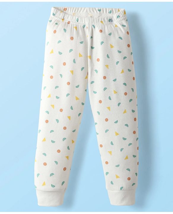 Babyhug Knit Full Sleeves Front Open Printed Thermal Inner Wear Set - Off White