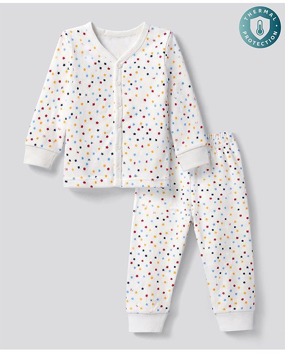 Babyhug Knit Full Sleeves Vest & Pant Thermal Inner Wear with Star Print - Offwhite
